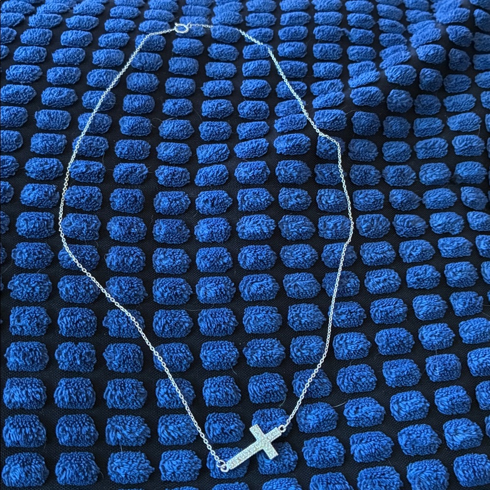 Silver Cross rhinestone Pendant Necklace 16” and size 5 ring set